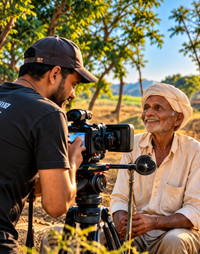 Crew filming a story on location